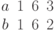 \begin{matrix}a&1&6&3\\b&1&6&2\end{matrix}