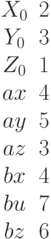 \begin {matrix}X_0&2\\Y_0 &3\\Z_0&1\\ax&4\\ay&5\\az&3\\bx&4\\bu&7\\bz&6\end{matrix}