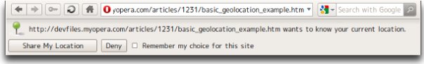Браузер предупреждает пользователя, что приложение пытается получить доступ к данным местоположения через API геолокации, и запрашивает разрешения на получение доступа
