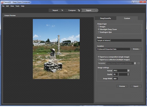  Окно экспорта сцен в  Deep Zoom Composer 