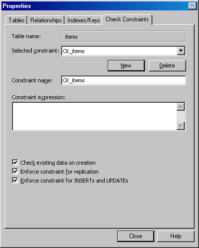  Вкладка Check Constraints (Ограничения Check) окна Properties