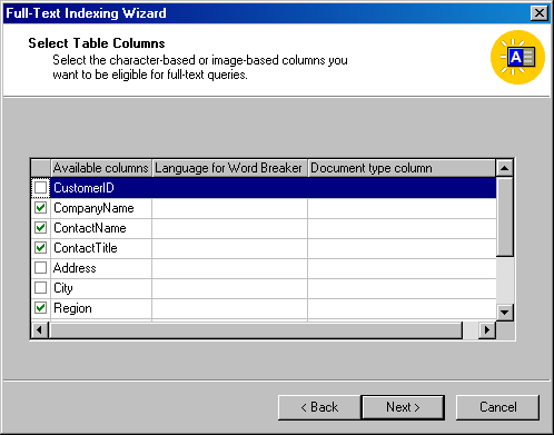    Окно Select Table Columns с несколькими выбранными колонками