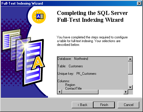 Окно Completing the SQL Server Full-Text Indexing Wizard