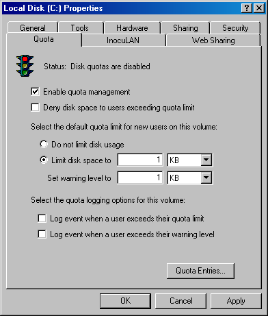 Вкладка Quota экрана свойств локального диска