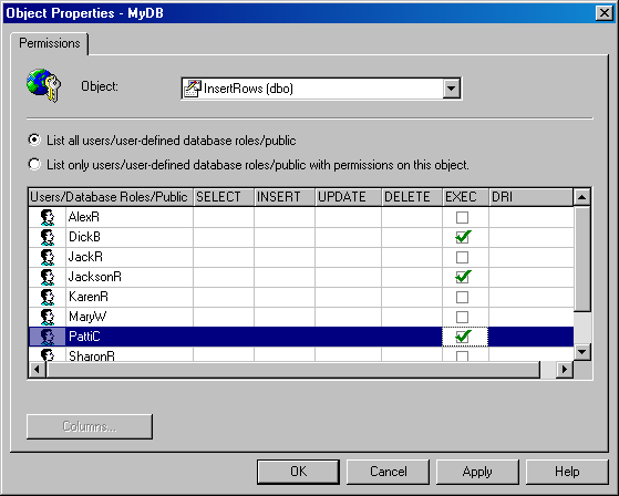 Вкладка Permissions окна Object Properties (Свойства объектов)