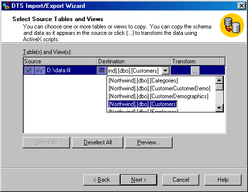   Окно Select Source Tables and Views (Выбор исходных таблиц и представлений)