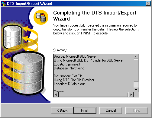  Окно Completing the DTS Export Wizard