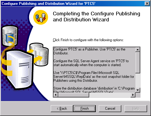 Окно Completing the Configure Publishing and Distribution Wizard (Завершение конфигурирования публикования и распространения)