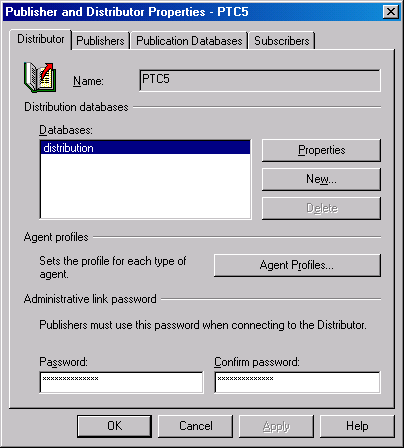 Окно Publisher and Distributor Properties (Свойства издателя и дистрибьютoра)