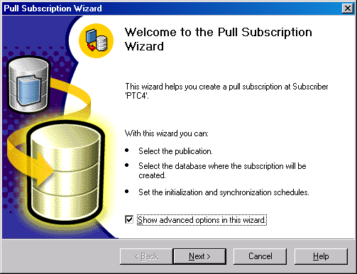 Начальное окно Pull Subscription Wizard