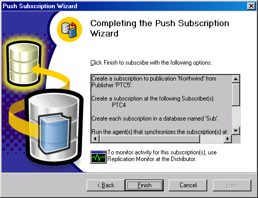 Окно Comple-ting the Push Subscription Wizard (Завершение работы мастера push-подписки)
