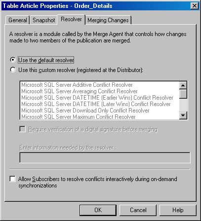 Вкладка Resolver (Арбитр) окна Table Article Properties