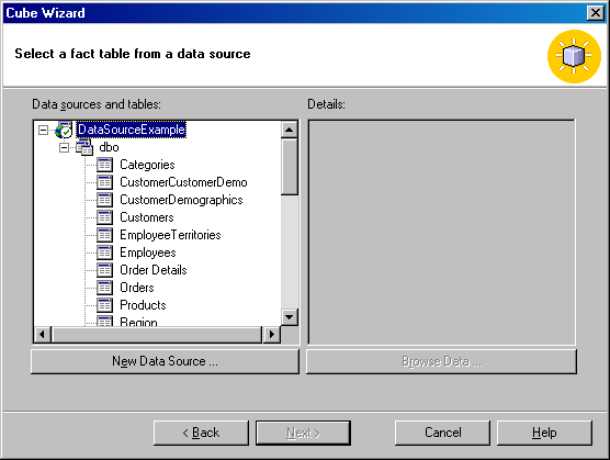 Окно Select a fact table from a data source мастера Cube Wizard с указанными источниками данных и таблицами