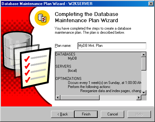 Окно Completing the Database Maintenance Plan Wizard (Завершение работы мастера создания плана обслуживания баз данных)