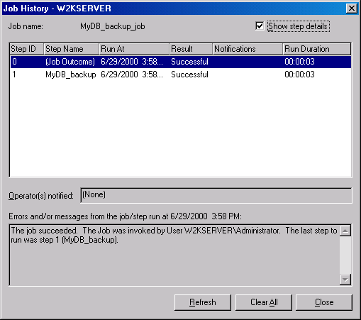 Подробности по шагам, представленные в диалоговом окне Job History