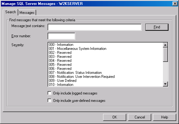 Вкладка Search (Поиск) диалогового окна Manage SQL Server Messages