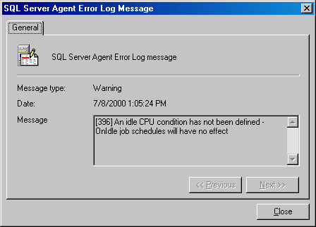 Диалоговое окно SQL Server Agent Error Log Message
