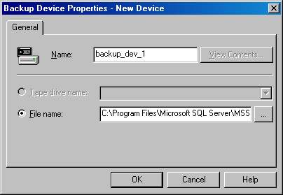 Окно Backup Device Properties (Свойства устройства резервного копирования)
