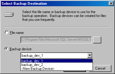 Диалоговое окно Select Backup Destination