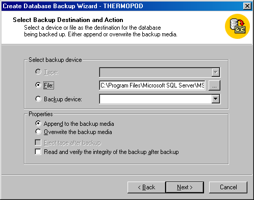 Окно Select Backup Destination and Action (Выбор местоположения резервной копии и действия)