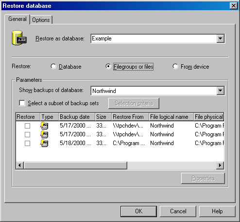 Вкладка General диалогового окна Restore database после щелчка на кнопке Filegroups or files
