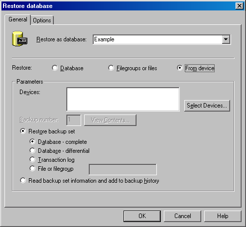 Вкладка General диалогового окна Restore database после щелчка на кнопке выбора From device