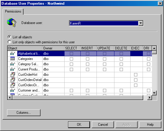 Вкладка Permissions окна Database User Properties