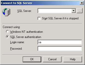 Диалоговое окно Connect to SQL Server (Подсоединение к SQL Server)