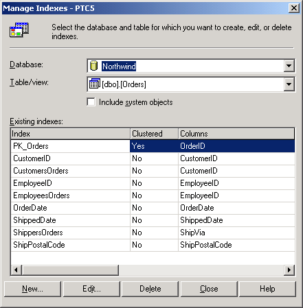 Диалоговое окно Manage Indexes (Управление индексами)