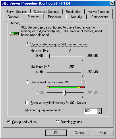   Вкладка Memory (Память) окна SQL Server Properties