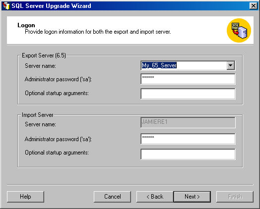 Экран Logon мастера SQL Server Upgrade Wizard