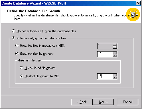 Экран Define the Database File Growth (Настройте рост файлов базы данных)