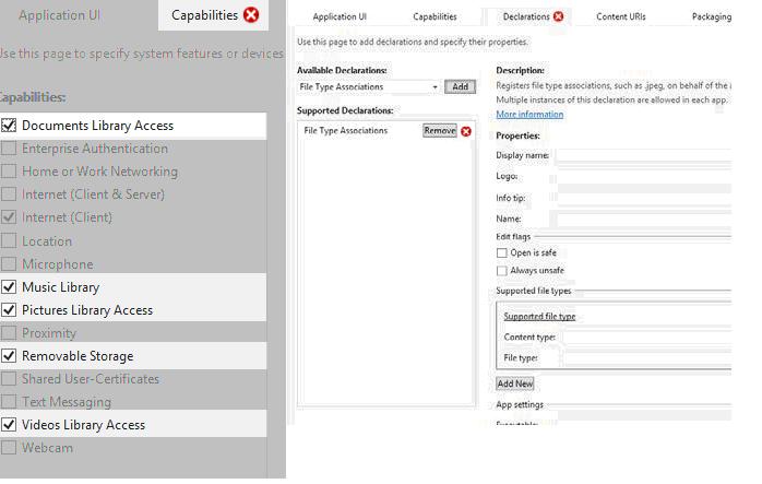 Возможности, связанные с данными пользователя в редакторе манифеста (слева), и редакторе сопоставления типов файлов (справа). Обратите внимание на красный знак "Х", который появляется на панели Возможности (Capabilities), когда необходимы дополнительные объявления, связанные с выбранной возможностью. Красный X на панели Объявления (Declarations) показывает, что введенная информация пока не полна.
