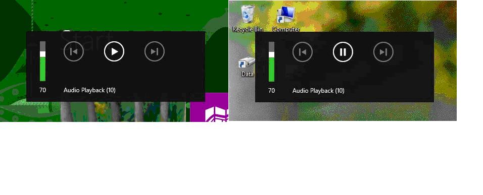 Интерфейс управления воспроизведением аудио отображается поверх Начального экрана (слева) и рабочего стола (справа)