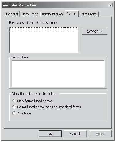 Вкладка Forms страницы свойств общей папки в Outlook