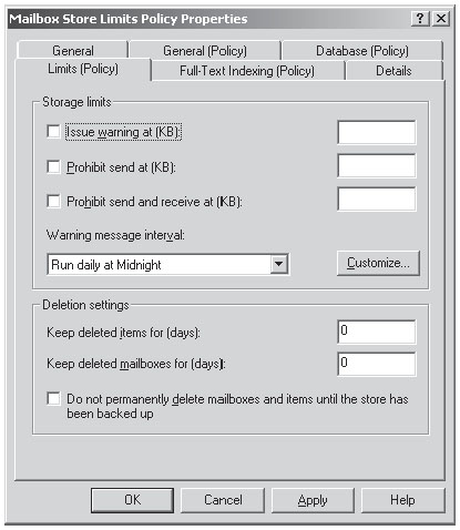 Вкладка Limits (Policy) страницы свойств политики хранилищ почтовых ящиков