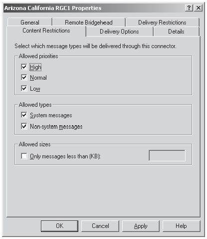 Вкладка Content Restrictions (Ограничения содержания) окна свойств коннектора Routing Group Connector
