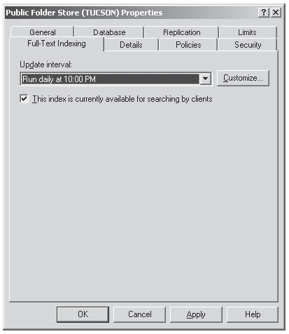 Вкладка Full-Text Indexing (Полнотекстовое индексирование) окна свойств хранилища общих папок