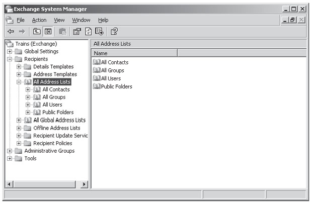Расположение списков адресов по умолчанию в оснастке Exchange System (Система)