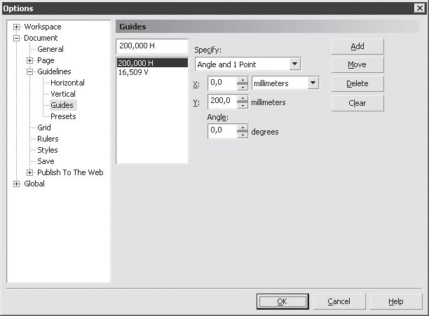 Окно Options (Параметры), страница Document/Guidelines/Guides (Документ/Направляющие/Наклонные)