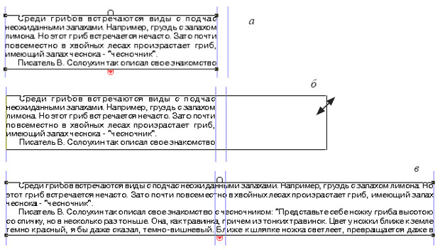 Изменение ширины текстового блока: а - блок до изменения ширины; б - момент изменения ширины; в - блок после изменения ширины