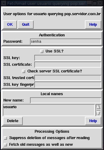 Окно для конфигурирования пользователя fetchmail.
