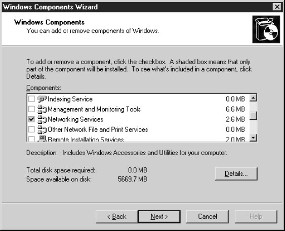 Окно Add/Remove Windows Components