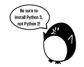 "Be sure to install Python 3, not Python 2!", says the enguin. Otherwise the programs in this book won’t work