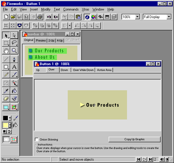 Fireworks позволяет создать изображение, HTML и JavaScript для кнопок с эффектом ролловера