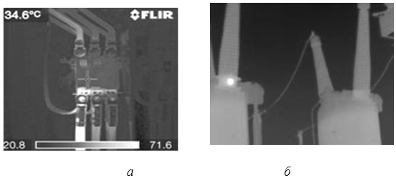 Примеры ИК снимков электрооборудования, которые обнаруживают источники электроопасности: а) ИК снимок электросчетчика; б) ИК снимок верхней части высоковольтных трансформаторов