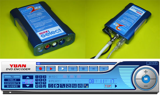 Портативный компьютерный ТВ тюнер MaxSelect DVD2Go; снизу - изображение на экране компьютера после запуска программы управления тюнером