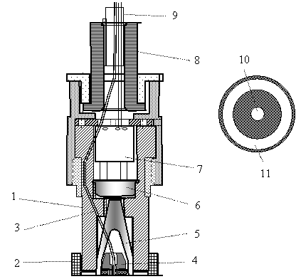 Конструкция выносной оптоэлектронной головки сенсора гемоглобина: 1 – корпус головки; 2 – насадка-диафрагма; 3 – оптическое волокно; 4 – фиксатор облучателя; 5 – конусообразный оптический фокон; 6 – фотоприемник; 7 – предварительный усилитель фототока; 8 – фиксатор соединительного кабеля; 9 – кабель