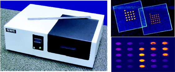 Слева – измерительный блок ППР сенсора SPRimager II; справа вверху – стандартные основы групповых рецепторных "чипов"; справа внизу – пример ППР изображения группового чипа