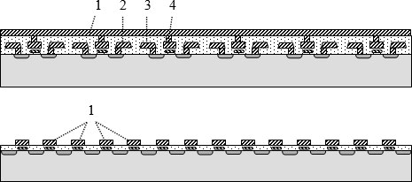 Поперечное сечение пластины кремния с матрицами флеш-памяти типа "NOR" (вверху) и "NAND" (внизу): 1 – горизонтальная шина; 2 – вертикальная шина истоков; 3 – вертикальная шина стоков; 4 – управляющие затворы транзисторов